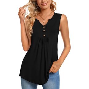 CATHY Womens Summer Sleeveless Tank Top V-Neck Button Blouse Casual Pleated Basic Henley Shirts