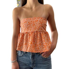 Women Y2K Strapless Peplum Tube Top Sleeveless Bubble Ruffle Hem Bandeau Top Y2k Girls Cute Cami Top Bustier Top