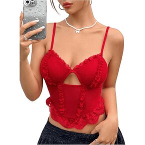 SHENHE Women's Cut Out Deep V Neck Lace Trim Bustier Corset Top Sexy Crop Cami Top Tank