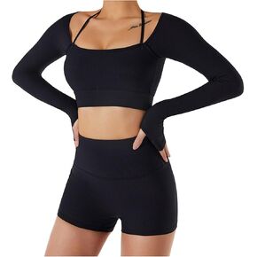 Lucrosun Women's Ribbed Knit Yoga Top Athletic Long Sleeve Crop Top with Pads