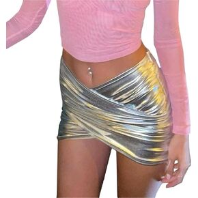 Women's Shiny Silver Metallic Cross Mini Skirt Holographic Ruched Wrap Hem Bodycon Pencil Short Skirt Pleated Party Clubwear