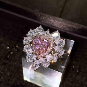 Square Cut Simulation 5A Moissanite Engagement Ring 925 Sterling Silver Ring Love Heart-Shaped Pink Diamond Ring Set Inlaid Imitation Natural Argyle Pink Diamond Wedding Ring CZC503 (White Gold)