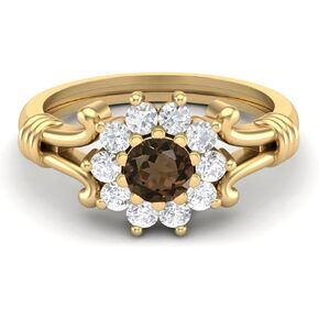MOONEYE 925 Sterling Silver 4.5MM Round Shape Smoky Quartz Gemstone Cluster Engagement Ring