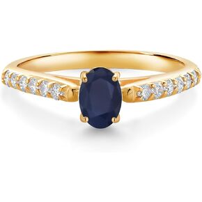 Gem Stone King 10K Yellow Gold Blue Sapphire and White Lab Grown Diamond Engagement Ring For Women (0.73 Cttw, Oval 6X4MM, Gemstone September Birthstone, Available In Size 5, 6, 7, 8, 9)
