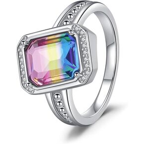 KEQ 925 Sterling Silver Engagement Rings Radiant Colorful CZ Cut Cubic Zirconia CZ Wedding Promise Rings for Her Wedding Bands for Women Size 6-8