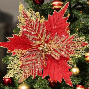 10'' Large Christmas Glitter Poinsettia Flowers Decorations, 10 Pcs Christmas Tree Picks Ornaments Artificial Flowers with Long Stems for Xmas Tree Wreath Garland Wedding Party DIY Decor