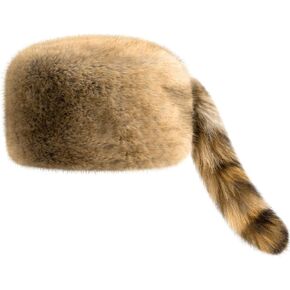 Raccoon Tail Hat for Women Men Faux Fur Coonskin Hat with Tail Flat Top Warm Winter Hat for Unisex Cold Weather Brown