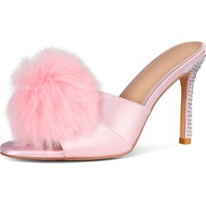 VIMISAOI Women's Heeled Sandals Pink Heels for Women Pink Stiletto Heels Rhinestone Sandals for Women Furry Heels for Women