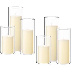 Shihanee Set of 6 Pillar Candles and Glass Cylinder Vases Clear Cylinder Candle Holders for Slim Tall Pillar Candles Wedding Centerpieces(2.6'' x 4.7'', 5.9'', 7.9'',Ivory White)