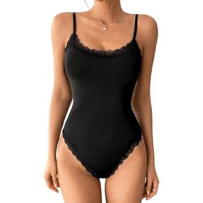 SweatyRocks Women's Lace Edge Slim Fit Spaghetti Strap Bodysuit Shapewear Tops