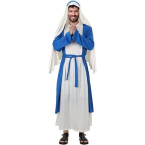 NIHONCOS Mens Blue Biblical Costume Noah Shepherd Robe Headscarf Medieval Religious COS Set Halloween Cosplay Outfit