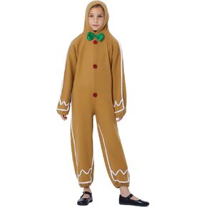 Christmas Adults Kids Gingerbread Man One Piece Costume Buttons Bow Hooded Long Sleeve Party Cosplay Jumpsuit