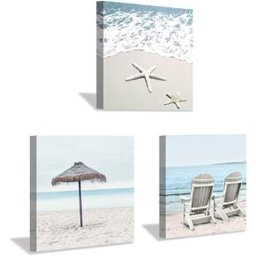 Beach Theme Canvas Wall Art: Sun Umbrella Starfish & Beach Chair on Sand Artwork Painting Print for Bedroom Office (12'' x 12'' x 3 Panels)