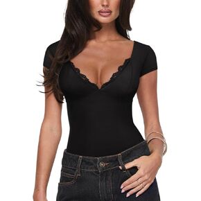 REORIA Womens Deep V Neck Lace Bodysuits Double Lined Tight Long Sleeve Shirt Y2k Going Out Tops