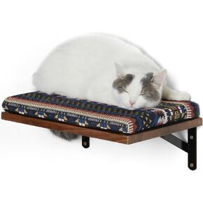 FUKUMARU Floating Wall Shelf with Cat Faux Lamb Mat, 0.79 Inch Thick Solid Rubber Wood Hanging Shelves, 15.7 x 10 Inch (Walnut Floating Wall Shelf with Cat Memory Foam Pad)