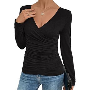 Women’s Long Sleeve V-Neck Casual Fashion Tops - Stylish Going Out Shirts, Deep V-Neck Blouses, Fall T-Shirts & Work Tops