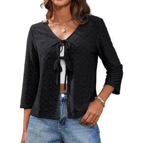 GRACE KARIN 3/4 Length Sleeve Womens Tops Tie Front Dressy Casual Shirts 2025 Summer Hollow Out Eyelet Blouses