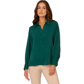 Adrianna Papell Women's Long Sleeve Open V-Neck Collar Silky Woven Blouse