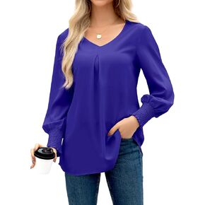 OMSJ Women's V Neck Smocked Cuffs Long Sleeve Dressy Casual Shirts Loose Chiffon Work Blouse Elegant Tops
