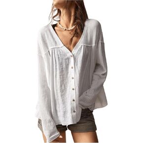 Women's Oversized Button Down Shirts V Neck Long Sleeve Waffle Knit Blouses Tops