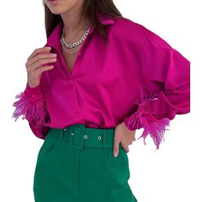 ZGMYC Women Sexy Deep V Neck Satin Blouse Feather Long Sleeve Front Bow Tie Crop Top Shirt