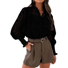 PRETTYGARDEN Women's Spring Button Down Shirts Dressy Casual Fall Long Puff Sleeve Eyelet Loose Fit Collared Blouse Top