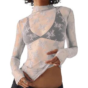 Women Sheer Mesh Long Sleeve Crop Tops Mock Neck Floral Lace Shirt Tops Sexy See Through Blouse Top