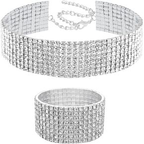 NEWITIN 2 Pieces Rhinestone Jewelry Set for Women Cubic Zirconia Choker Necklace Crystal Stretch Bracelet for Bridal Bridesmaid Gift Prom Wedding Party Jewelry Accessories