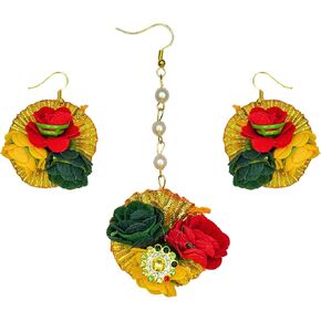 Flower Maang Tikka Earring Set for Wedding | Sagai| Haldi | Mehandi | Party in Yellow Colour for Women, Floral Jewellery/Jewelry Mangtika