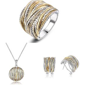 Gold and Silver Ring Necklace Earrings Jewelry Sets for Women (Ring Size 8)
