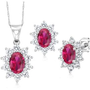 Gem Stone King 10K White Gold Oval Red Created Ruby Pendant and Earrings Jewelry Set For Women (3.10 Cttw, with 18 Inch Chain)