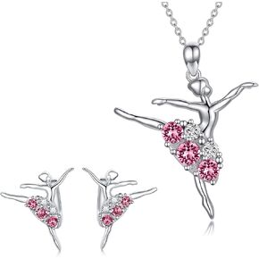 AOBOCO Ballerina Jewelry Sterling Silver Ballet Dancer Necklace and Earrings Set with Pink Crystals