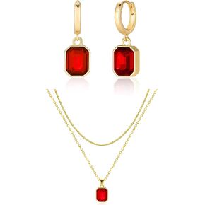 Lourny Gold Earrings and Layered Crystal Necklace Set for Women, 18K Gold Plated Choker Red Dainty Chain Trendy Jewelry for Women Gifts