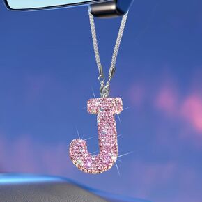 Bling Pink Car Accessories for Women Letter Charm, Rainbow Color Rear View Mirror Cute Crystal Pendant Car Decorations, Lucky Gifts Girly Diamond Rhinestone Charm Interior M