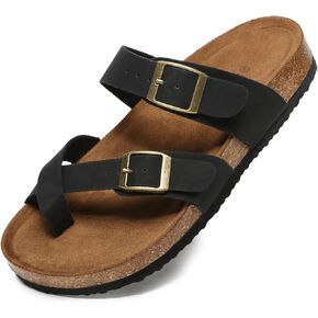Yozuru Womens Cork Footbed Sandals Comfort Open Toe Slides Adjustable Buckle Beach Summer Flat Sandals with Arch Support