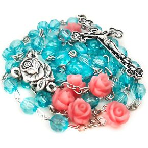 Lourdes Turquoise Crystal Cut Pink Rose Rosary Beads Catholic for Women - Catholic Rosary - Catholic Gifts Women - Rosary Necklace for Women - Catholic Gift