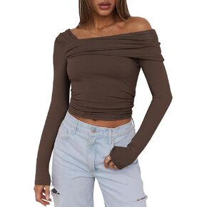 ANRABESS Womens One Off Shoulder Shirts Long Sleeve Going Out Crop Tops Ruched Tight Casual Blouse 2024 Trendy