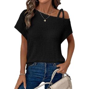 Dokotoo Womens Summer Tops Off One Shoulder Waffle Knit Short Sleeve T-Shirts Casual Lightweight Solid Color Blouses