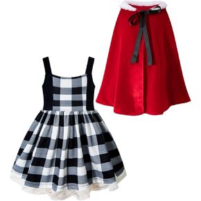 Girls Santa Claus Xmas Costume Christmas Dresses Sleeveless Plaid Dress with Red Hooded Cloak
