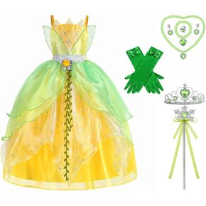 Princess Tiana Costume for Girls Birthday Party Halloween Outfit Costume Cosplay Dress up with Accessories for 3T-10