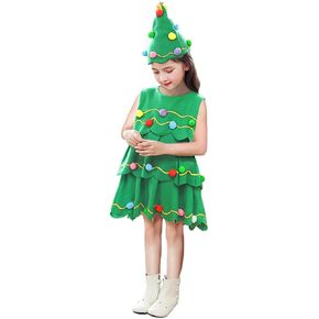 FANCYINN Kids Girls Christmas Tree Dress Role Play Costume Tutu Dresses with Hat Xmas Outfits 1T-11T