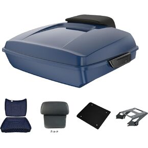 Billiard Blue Razor Tour Pack Trunk, Black Razor Backrest Pad, Black Tour Pack Latches, Black Luggage Rack, Razor Tour Pack Liner Blue Stitching, Metal Plate for Harley Touring 2014-2023