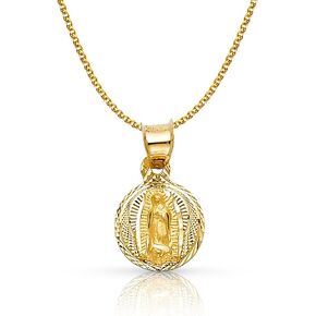 14K Yellow Gold Diamond Cut Our Lady of Guadalupe Stamp Charm Pendant with 1.2mm Flat Open Wheat Chain Necklace