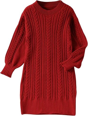 GORGLITTER Girl's Crewneck Long Sleeve Sweater Dress Drop Shoulder Cable Knit Midi Dresses in Saudi Arabia