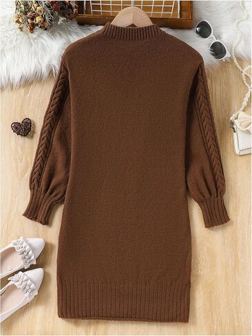 GORGLITTER Girl's Crewneck Long Sleeve Sweater Dress Drop Shoulder Cable Knit Midi Dresses in Saudi Arabia