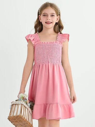 Haloumoning Girls Summer Dresses Kids Cute Ruffle Sleeve Smocked A-line Dress 7-14 Years in Saudi Arabia