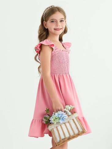 Haloumoning Girls Summer Dresses Kids Cute Ruffle Sleeve Smocked A-line Dress 7-14 Years in Saudi Arabia