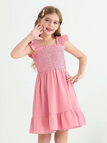 Haloumoning Girls Summer Dresses Kids Cute Ruffle Sleeve Smocked A-line Dress 7-14 Years in Saudi Arabia