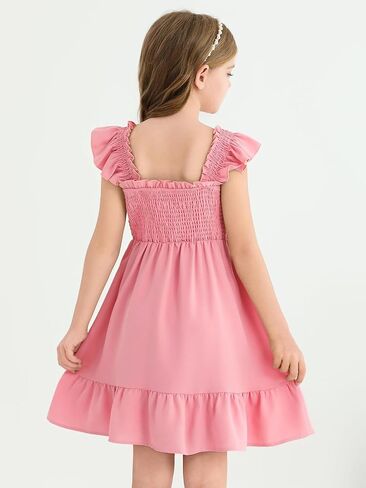 Haloumoning Girls Summer Dresses Kids Cute Ruffle Sleeve Smocked A-line Dress 7-14 Years in Saudi Arabia