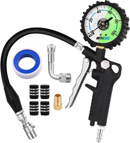 مقياس ضغط منفاخ الإطارات 100 رطل لكل بوصة مربعة ضغط الهواء في الإطارات مع قفل ظرف الهواء وملحقات ضاغط الهواء مع قرص متوهج كبير سهل القراءة مقاس 2.5 بوصة in Kuwait